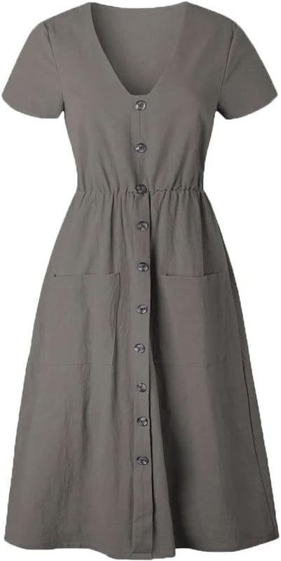 Robe Femme Chic et Élégant d'été à Manches Courtes Mi - Longue Boutons - décoratifs Casual Col en V avec Poches Taille S-XL