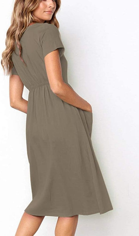 Robe Femme Chic et Élégant d'été à Manches Courtes Mi - Longue Boutons - décoratifs Casual Col en V avec Poches Taille S-XL