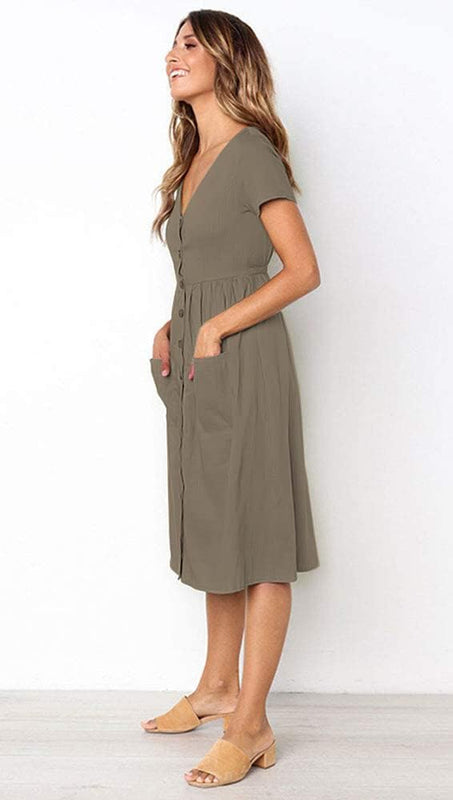 Robe Femme Chic et Élégant d'été à Manches Courtes Mi - Longue Boutons - décoratifs Casual Col en V avec Poches Taille S-XL