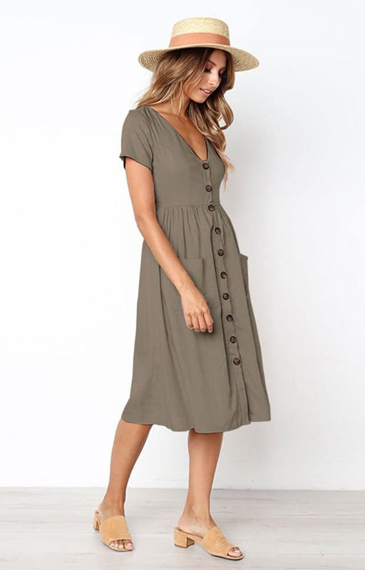 Robe Femme Chic et Élégant d'été à Manches Courtes Mi - Longue Boutons - décoratifs Casual Col en V avec Poches Taille S-XL