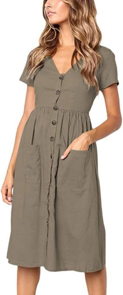 Robe Femme Chic et Élégant d'été à Manches Courtes Mi - Longue Boutons - décoratifs Casual Col en V avec Poches Taille S-XL