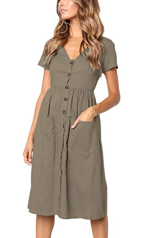 Robe Femme Chic et Élégant d'été à Manches Courtes Mi - Longue Boutons - décoratifs Casual Col en V avec Poches Taille S-XL