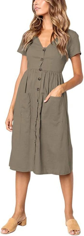 Robe Femme Chic et Élégant d'été à Manches Courtes Mi - Longue Boutons - décoratifs Casual Col en V avec Poches Taille S-XL