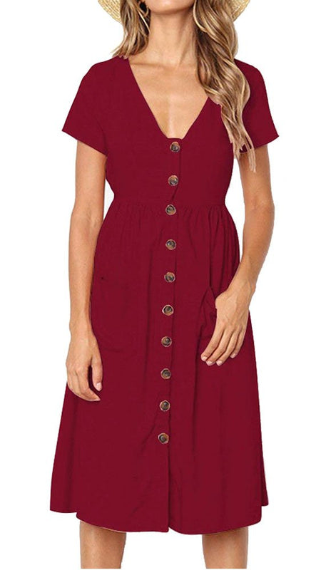 Robe Femme Chic et Élégant d'été à Manches Courtes Mi - Longue Boutons - décoratifs Casual Col en V avec Poches Taille S-XL