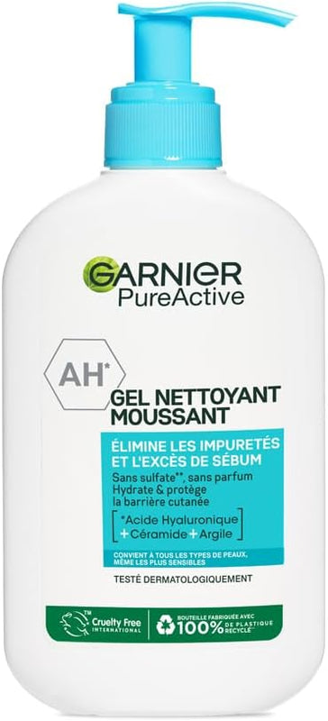 Garnier Pure Active - Foaming Cleansing Gel - Purifies, Moisturizes & Removes Impurities - Hyaluronic Acid, Ceramide, Clay - Vegan & Cruelty Free - All Skin Types - 250 ml