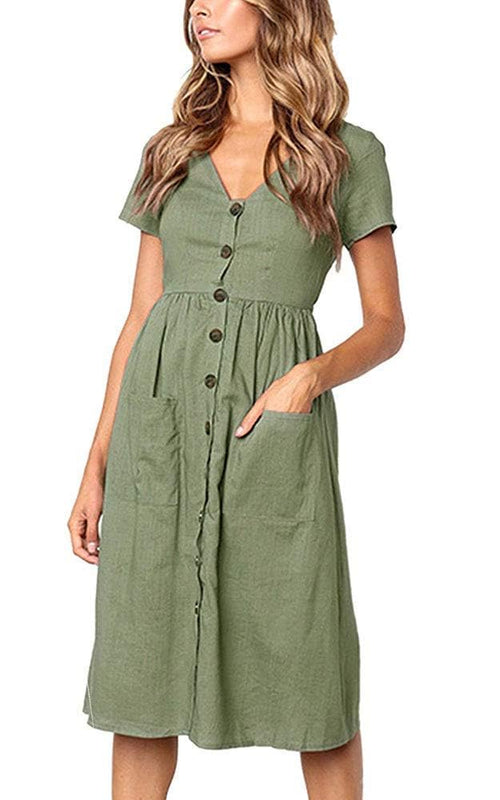 Robe Femme Chic et Élégant d'été à Manches Courtes Mi - Longue Boutons - décoratifs Casual Col en V avec Poches Taille S-XL