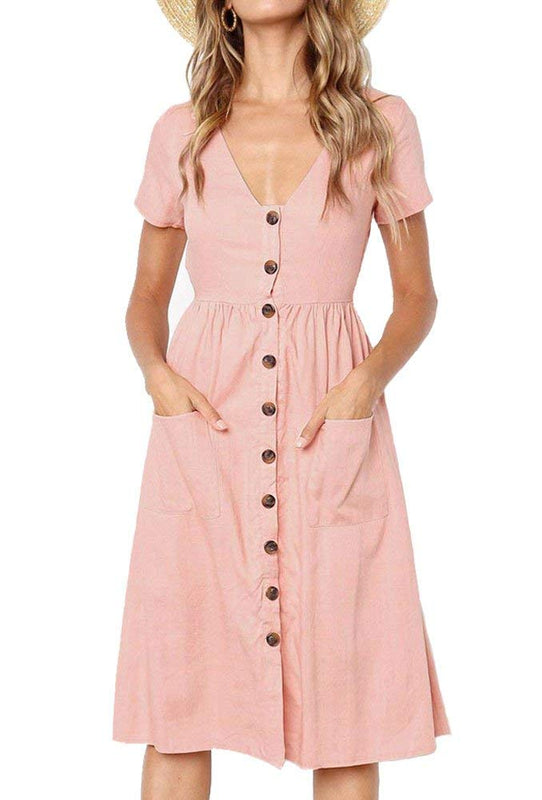 Robe Femme Chic et Élégant d'été à Manches Courtes Mi - Longue Boutons - décoratifs Casual Col en V avec Poches Taille S-XL