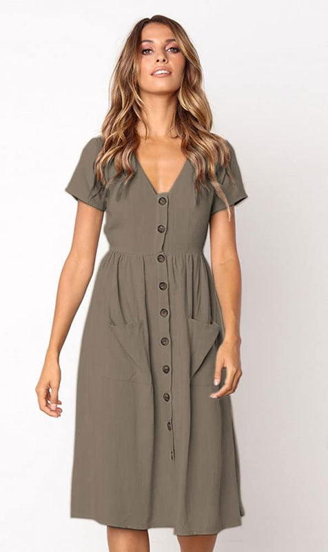Robe Femme Chic et Élégant d'été à Manches Courtes Mi - Longue Boutons - décoratifs Casual Col en V avec Poches Taille S-XL