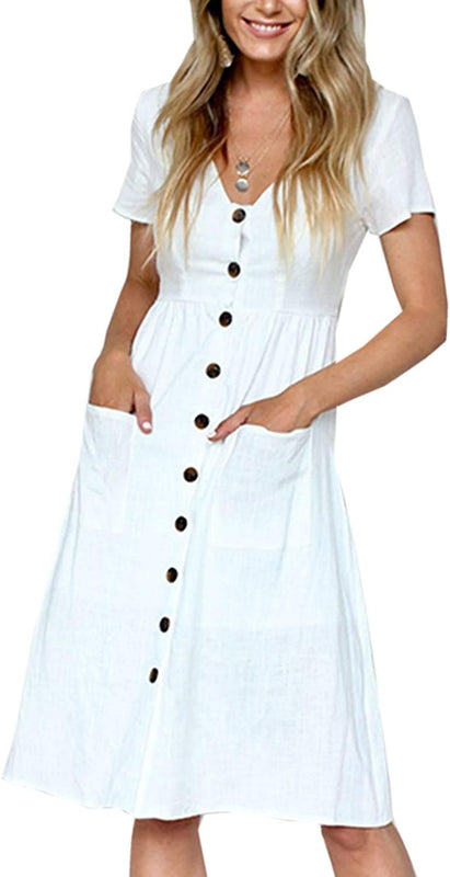 Robe Femme Chic et Élégant d'été à Manches Courtes Mi - Longue Boutons - décoratifs Casual Col en V avec Poches Taille S-XL
