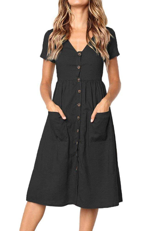 Robe Femme Chic et Élégant d'été à Manches Courtes Mi - Longue Boutons - décoratifs Casual Col en V avec Poches Taille S-XL