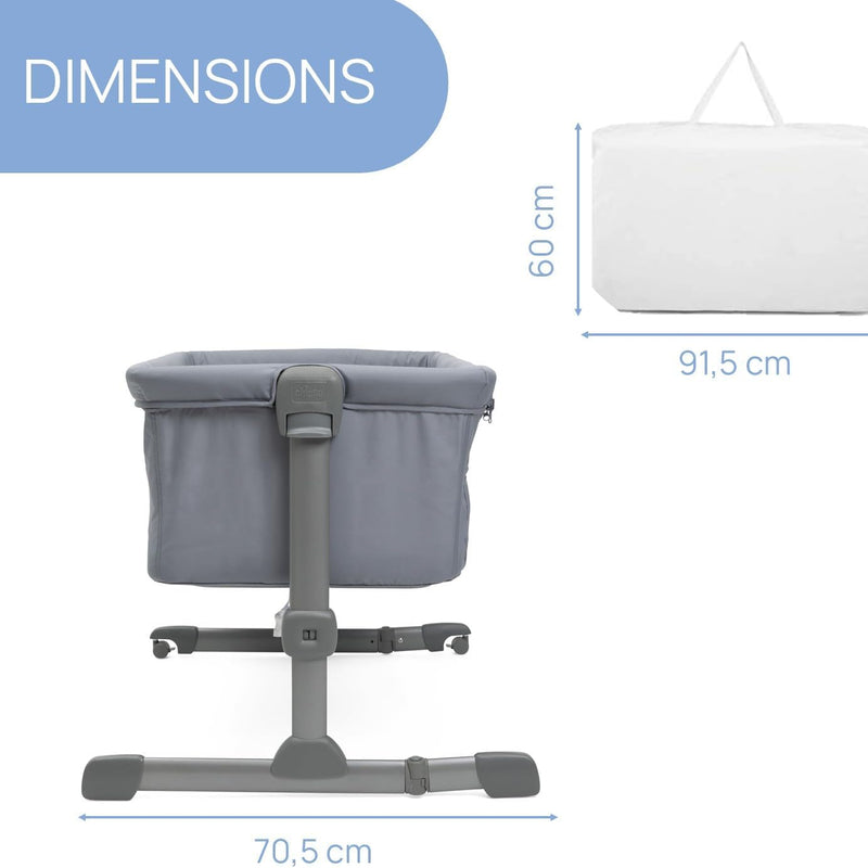 Chicco Next2Me Essential Cododo Stone Baby Cot with Mattress, Folding Side, Adjustable Height, Mesh Window, Wheels and Travel Bag – 0-6 Months, 9 kg