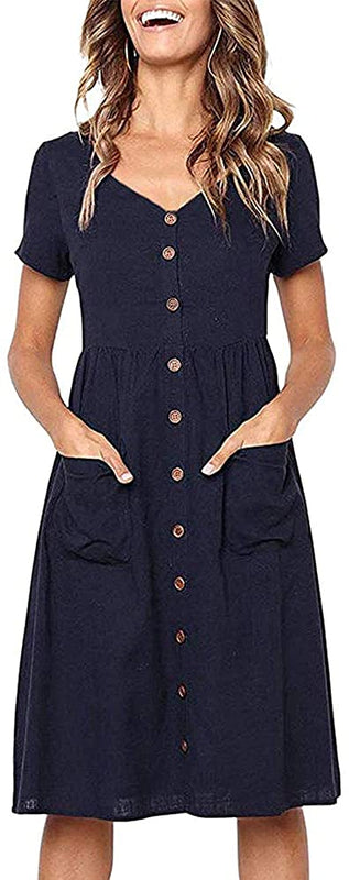 Robe Femme Chic et Élégant d'été à Manches Courtes Mi - Longue Boutons - décoratifs Casual Col en V avec Poches Taille S-XL