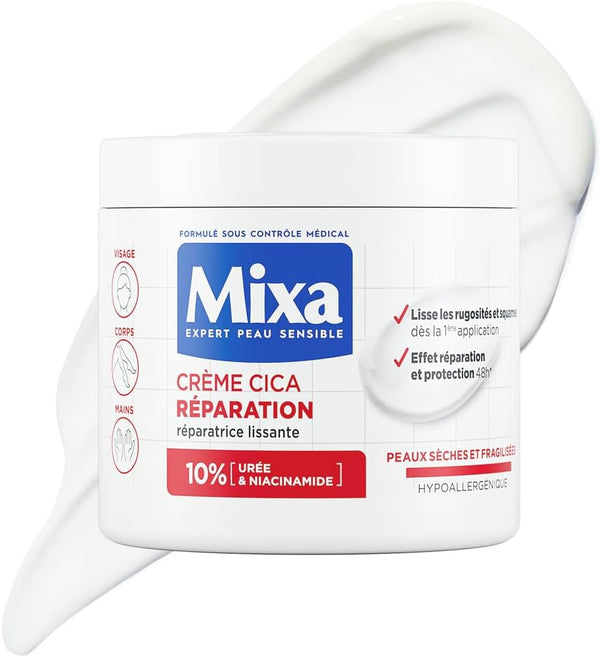 Mixa Expert Peau Sensible - Crème Cica Réparation - Réparation Effet Longue Durée - Peaux Très Sèches et Rugueuses - Visage, Corps, Mains - Hypoallergénique - 400ml