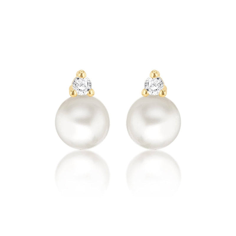CARISSIMA- Boucles d'Oreilles Or Jaune 9k 2mm Oxyde de Zirconium Perle 6mm Femme