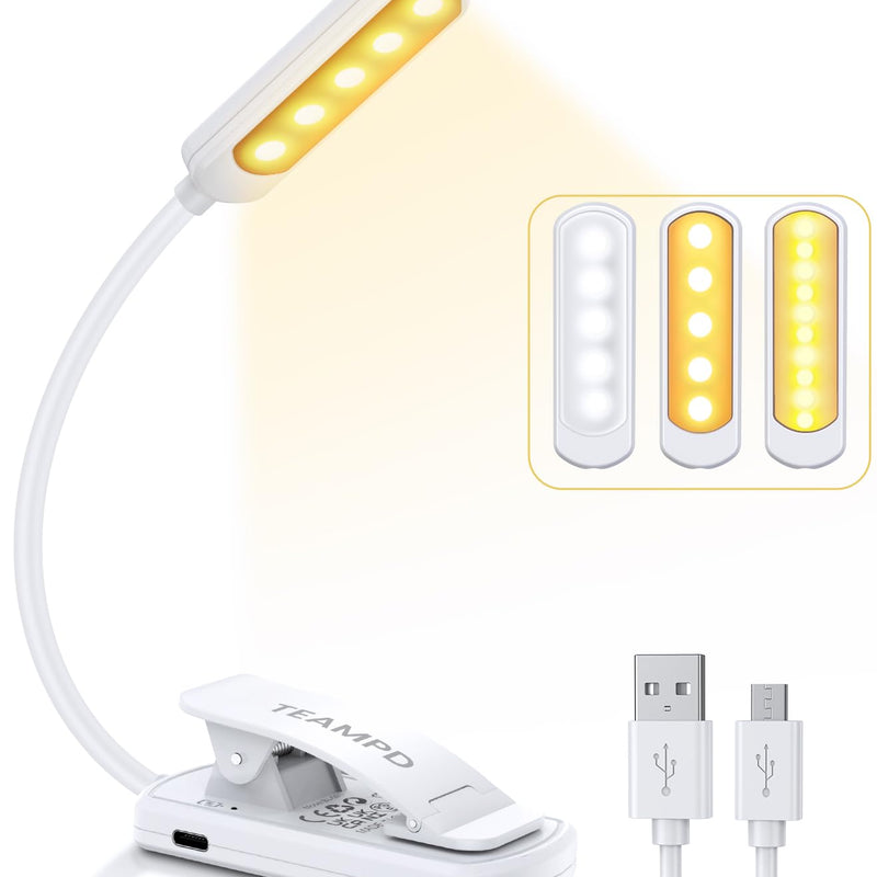 TEAMPD Lampe de Lecture,10 LEDs Liseuse Lampe Clip USB Rechargeable, 360°Cou Flexible, 3 Couleur & 100%-10% à Intensité Variable, Mini Veilleuse pour Lire au Lit,Enfant,Kindle,Voyage,Camping