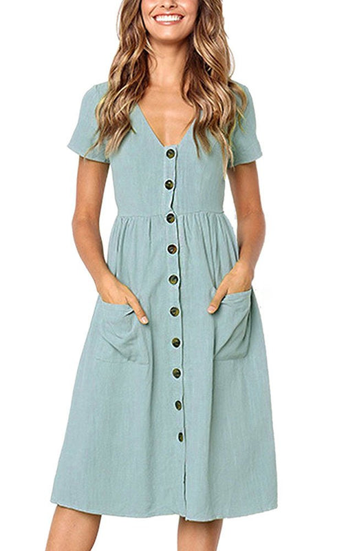 Robe Femme Chic et Élégant d'été à Manches Courtes Mi - Longue Boutons - décoratifs Casual Col en V avec Poches Taille S-XL