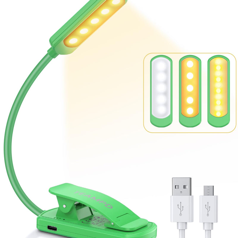 TEAMPD Lampe de Lecture,10 LEDs Liseuse Lampe Clip USB Rechargeable, 360°Cou Flexible, 3 Couleur & 100%-10% à Intensité Variable, Mini Veilleuse pour Lire au Lit,Enfant,Kindle,Voyage,Camping