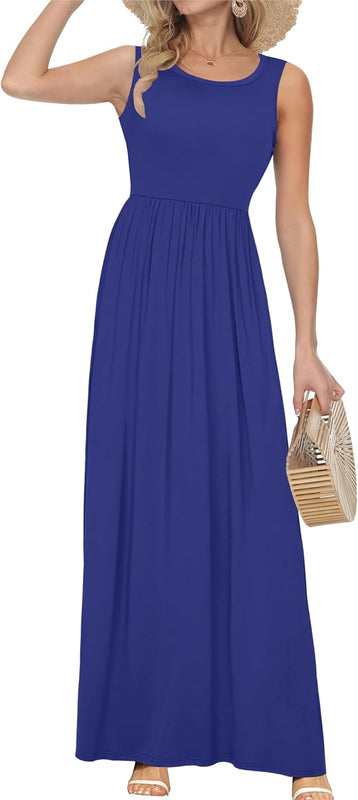 AUSELILY Robe Longue d'été Unie sans Manches pour Femmes en Vrac Robe Longue Décontractée avec Poches