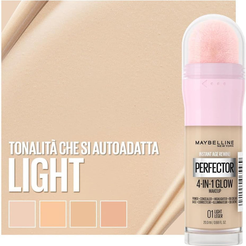 Maybelline New York Instant Perfector 4-in-1 Glow Perfectioning Foundation, Minimizes, Corrects, Evens and Brightens, Glow Finish Without Blemishes, 20 ml, Shade 01 Light