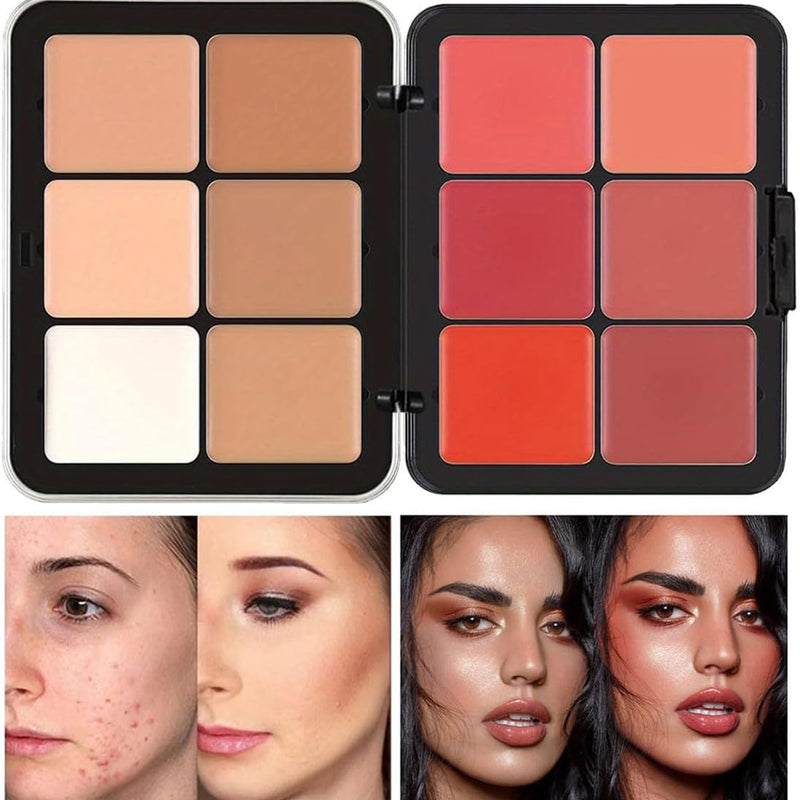 12 Colors Concealer & Blush Palette, Long Lasting Smudge-Resistant Blendable 2 in 1 Matte Finish Cream Blush Palette Face Makeup Palette (#01)