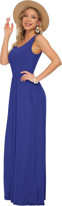 AUSELILY Robe Longue d'été Unie sans Manches pour Femmes en Vrac Robe Longue Décontractée avec Poches