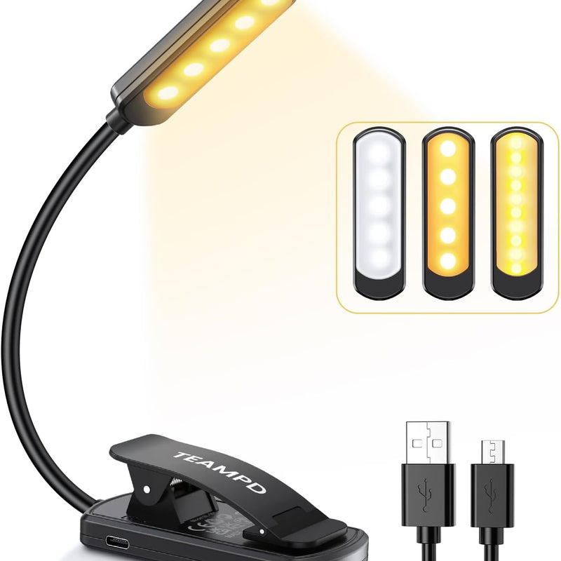 TEAMPD Lampe de Lecture,10 LEDs Liseuse Lampe Clip USB Rechargeable, 360°Cou Flexible, 3 Couleur & 100%-10% à Intensité Variable, Mini Veilleuse pour Lire au Lit,Enfant,Kindle,Voyage,Camping