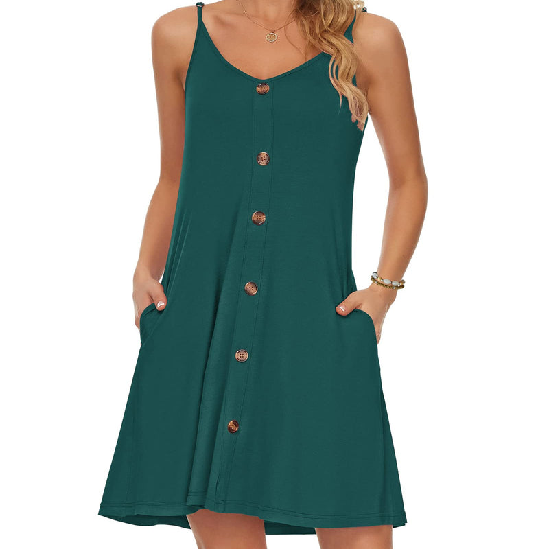 WNEEDU Robe D'été Femme Bretelles Spaghetti de Plage Robes Décontractée Courte Col en V avec Poches