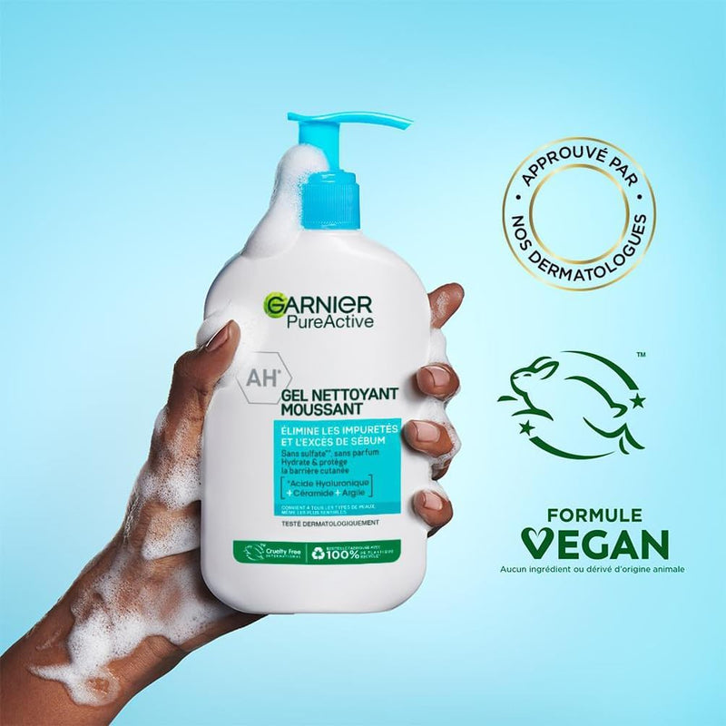 Garnier Pure Active - Foaming Cleansing Gel - Purifies, Moisturizes & Removes Impurities - Hyaluronic Acid, Ceramide, Clay - Vegan & Cruelty Free - All Skin Types - 250 ml