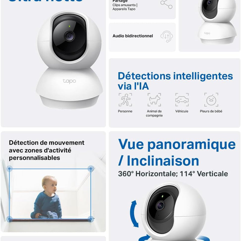 Tapo 2K(3MP) Caméra Surveillance WiFi intérieure 360° C210, Vision nocturne, Notifications en temps réel, Détection de personne, Suivi de mouvement, Télécommande, Compatible avec Alexa