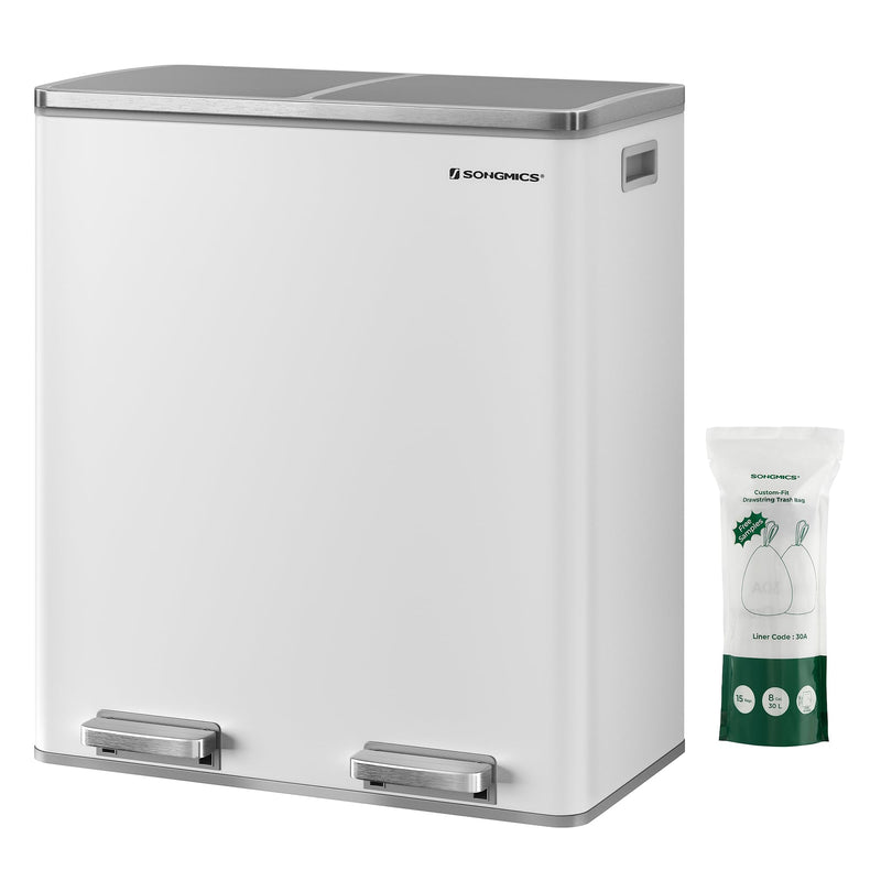SONGMICS Poubelle à Double Compartiment 2 x 30L, avec 15 Sacs Poubelles, Pédales en Métal, 2 Seaux Intérieurs en Plastique, Couvercles, Poignées, Fermeture en Douceur, Argent et Noir LTB60NL
