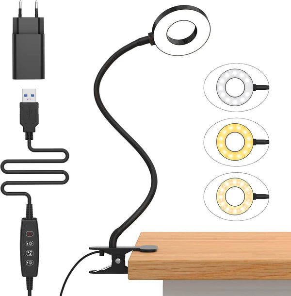 iZELL 10W Lampe de Bureau à Pince avec Adaptateur USB[3 Modes d’Éclairage &10 Niveaux de Luminosité] Flexible à 360°Lampe Lecture Clipsable, 40CM Lampe Bureau Led pour Maison/Bureau