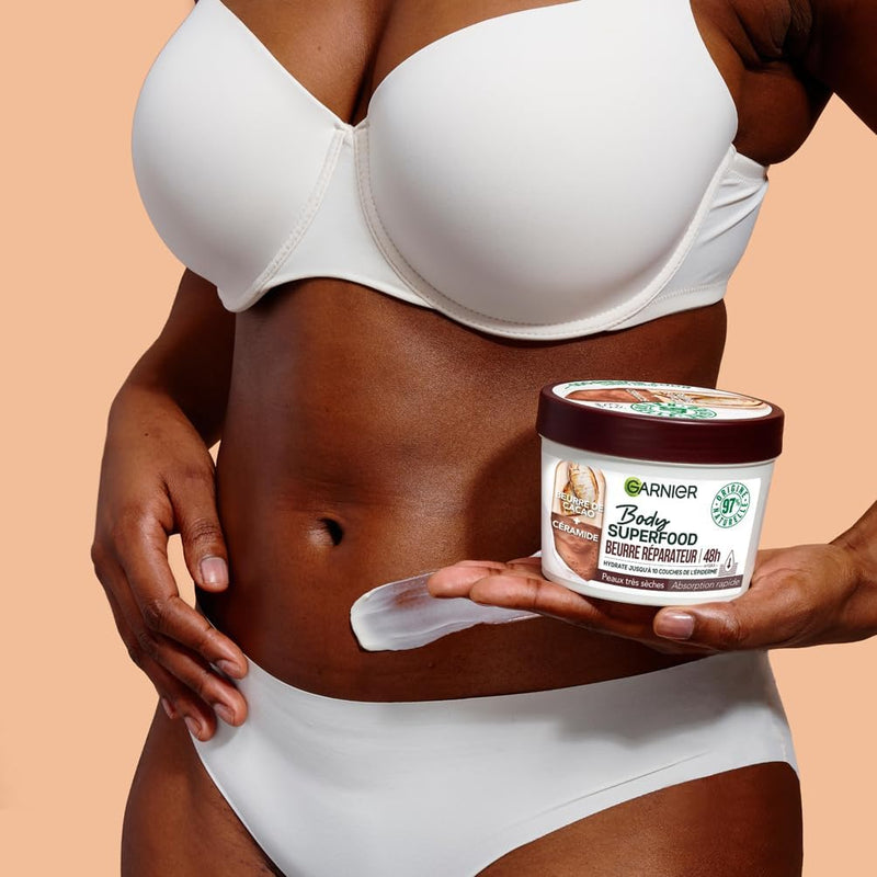 Garnier - Body Superfood - Repair Body Cream - 48H Hydration - Vegan & 97% Natural Formula - Cocoa Butter & Ceramide - For Dry Skin - 380ml