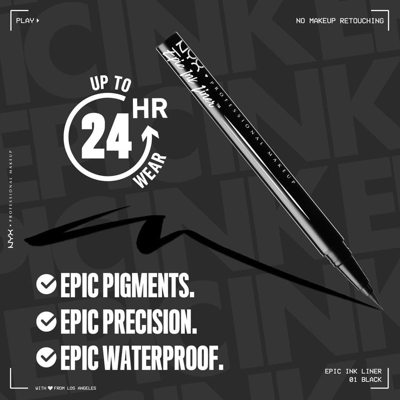 NYX Professional Makeup - Eyeliner Feutre - Waterproof - Tracé Précis - Couleur Intense Tenue Longue Durée - Embout Ultra-Précis - Formule Vegan - Epic Ink Liner - Teinte : Black (01)