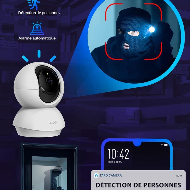 Tapo 2K(3MP) Caméra Surveillance WiFi intérieure 360° C210, Vision nocturne, Notifications en temps réel, Détection de personne, Suivi de mouvement, Télécommande, Compatible avec Alexa