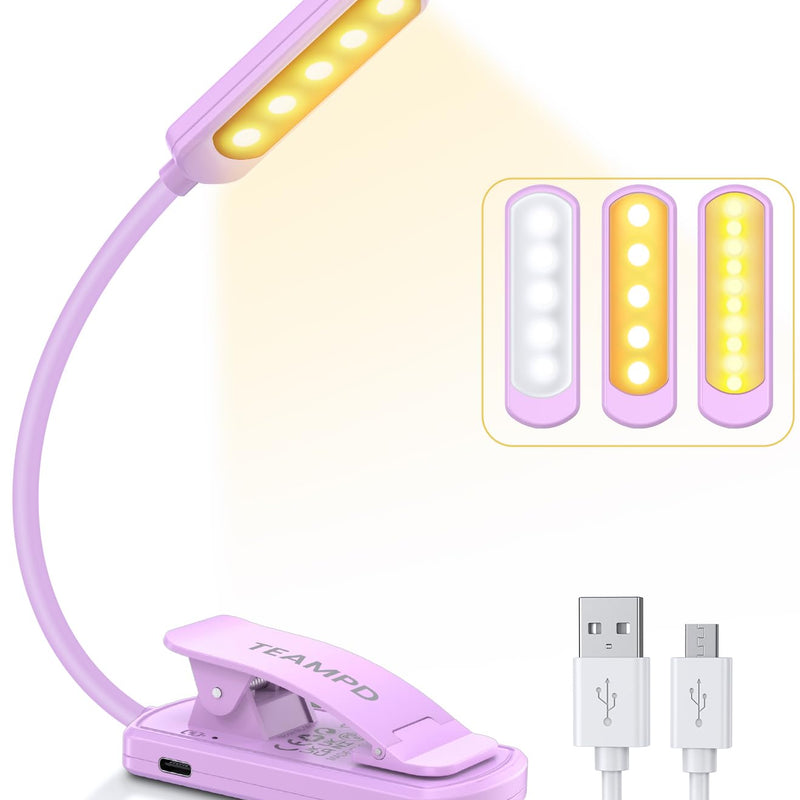 TEAMPD Lampe de Lecture,10 LEDs Liseuse Lampe Clip USB Rechargeable, 360°Cou Flexible, 3 Couleur & 100%-10% à Intensité Variable, Mini Veilleuse pour Lire au Lit,Enfant,Kindle,Voyage,Camping