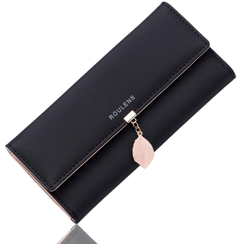 Roulens Women Wallet PU Leather RFID Blocking Coin Purse Leaf Snap Button Wallet
