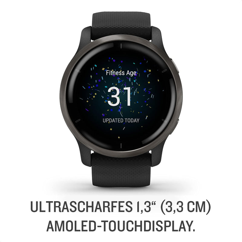 Garmin Venu 2 - Montre connectée GPS multisports avec écran AMOLED, autonomie longue durée (11 jours) – Gris avec bracelet noir - Boîtier 45 mm