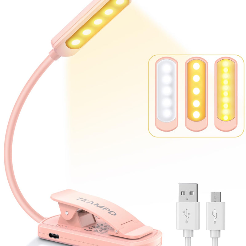 TEAMPD Lampe de Lecture,10 LEDs Liseuse Lampe Clip USB Rechargeable, 360°Cou Flexible, 3 Couleur & 100%-10% à Intensité Variable, Mini Veilleuse pour Lire au Lit,Enfant,Kindle,Voyage,Camping