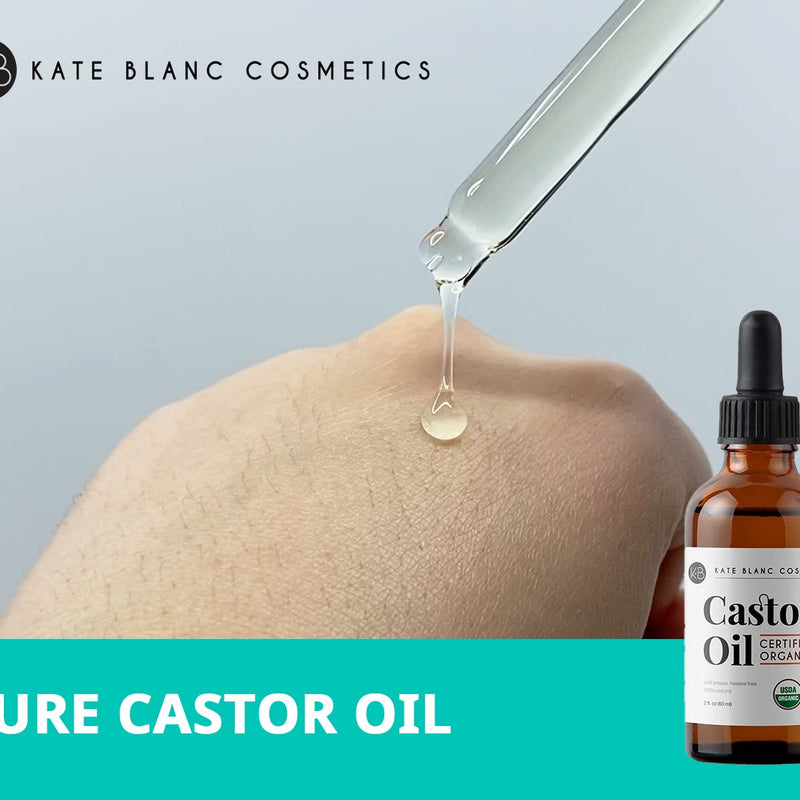 Kate Blanc Cosmetics Castor Oil Organic for Hair, Lashes, Face (2oz), 100% Pure, Cold Pressed, Hexane Free. Eyelash Serum for Thicker-Looking Eyelashes & Eyebrows