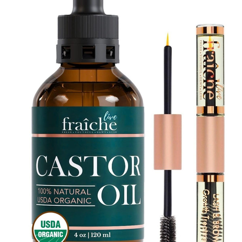 Organic Castor Oil Lash Serum for Hair Growth, 100% Pure Eyebrow Eyelash Growth Serum, Cold Pressed Hexane Free (2oz Glass Bottle + FILLED Mascara Tube)