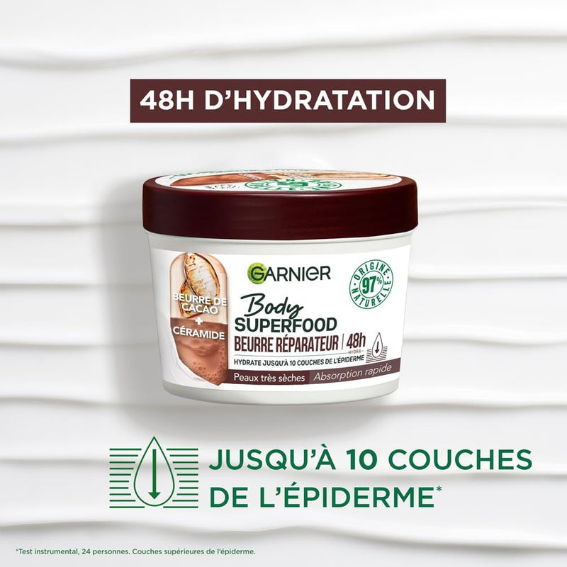 Garnier - Body Superfood - Repair Body Cream - 48H Hydration - Vegan & 97% Natural Formula - Cocoa Butter & Ceramide - For Dry Skin - 380ml