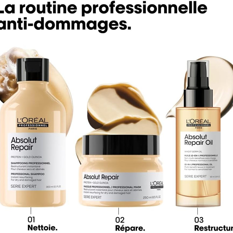L'Oréal Professionnel, Routine Pour Cheveux Secs & Abîmés, Répare & Restructure Instantanément, Protège & Nourrit la Fibre, Absolut Repair, Série Expert