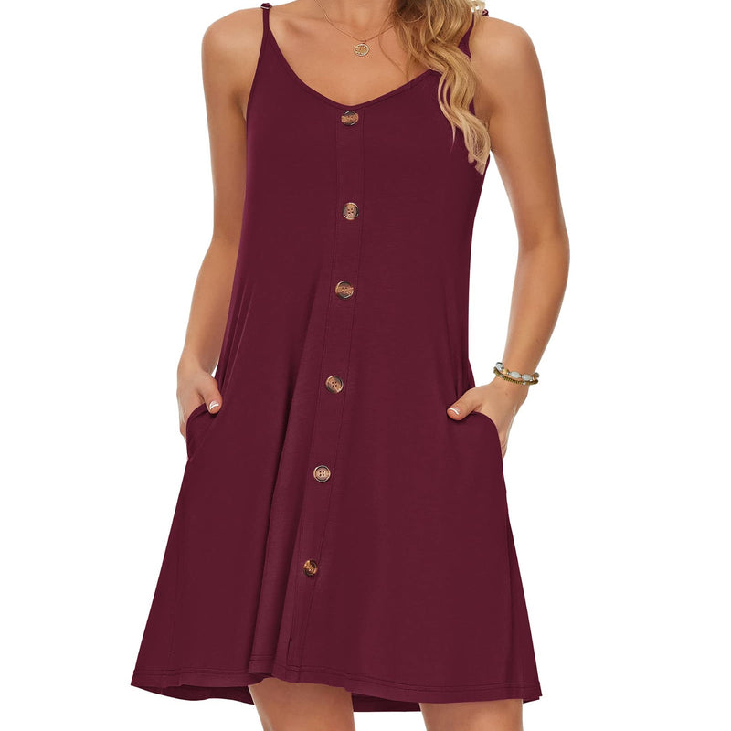 WNEEDU Robe D'été Femme Bretelles Spaghetti de Plage Robes Décontractée Courte Col en V avec Poches