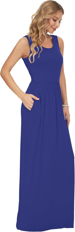 AUSELILY Robe Longue d'été Unie sans Manches pour Femmes en Vrac Robe Longue Décontractée avec Poches