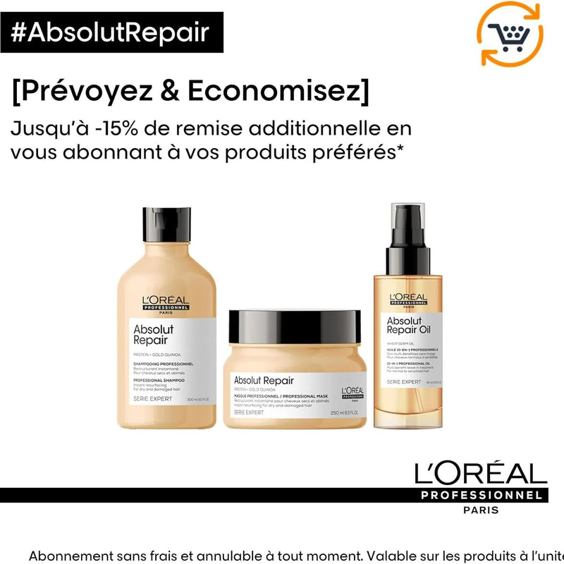 L'Oréal Professionnel, Routine Pour Cheveux Secs & Abîmés, Répare & Restructure Instantanément, Protège & Nourrit la Fibre, Absolut Repair, Série Expert