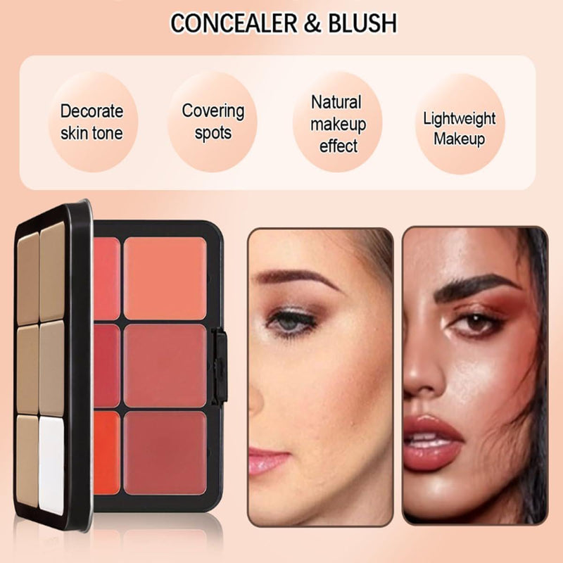 12 Colors Concealer & Blush Palette, Long Lasting Smudge-Resistant Blendable 2 in 1 Matte Finish Cream Blush Palette Face Makeup Palette (#01)
