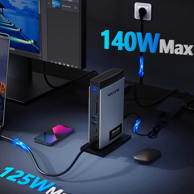 WAVLINK Station d'accueil pour Ordinateur Portable Triple Affichage (Single 8K/Dual 4K), Dock USB C 125W PD3.1 Pass-Through, 2*HDMI, DP, Ethernet, SD/TF, pour Windows, Macbook M1/M2/M3/M4