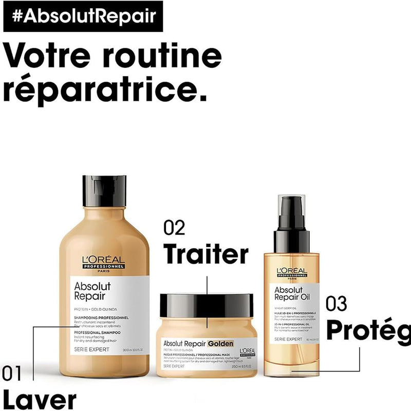 L'Oréal Professionnel, Routine Pour Cheveux Secs & Abîmés, Répare & Restructure Instantanément, Protège & Nourrit la Fibre, Absolut Repair, Série Expert