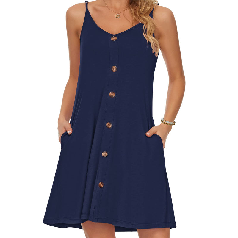 WNEEDU Robe D'été Femme Bretelles Spaghetti de Plage Robes Décontractée Courte Col en V avec Poches