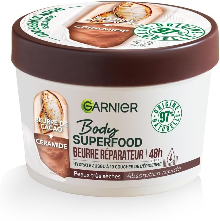 Garnier - Body Superfood - Repair Body Cream - 48H Hydration - Vegan & 97% Natural Formula - Cocoa Butter & Ceramide - For Dry Skin - 380ml